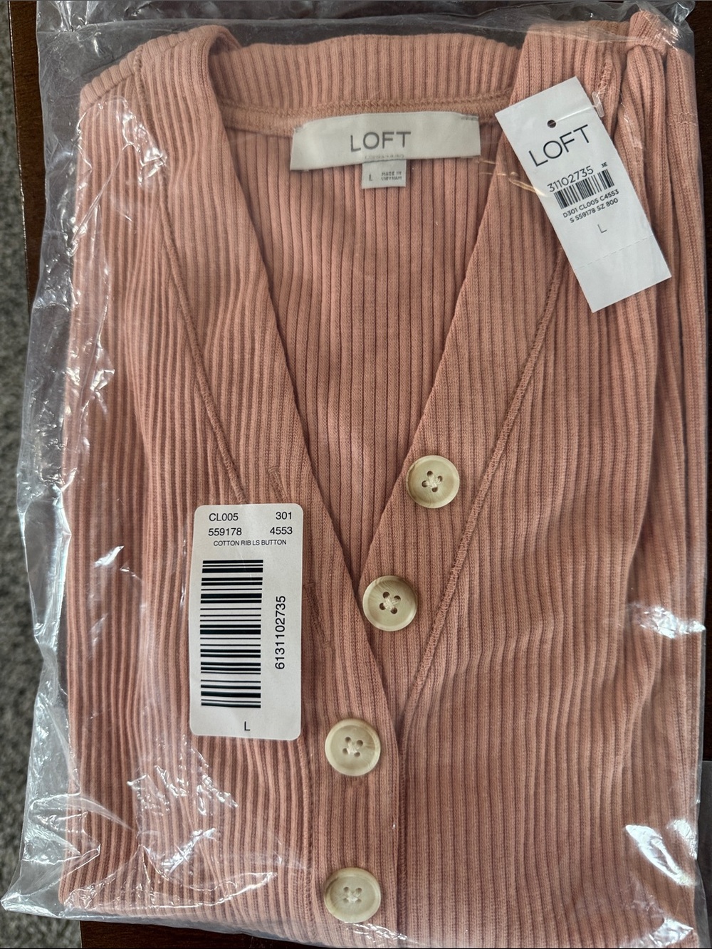 LOFT Ribbed V-Neck Button Cardigan - Blush Pink